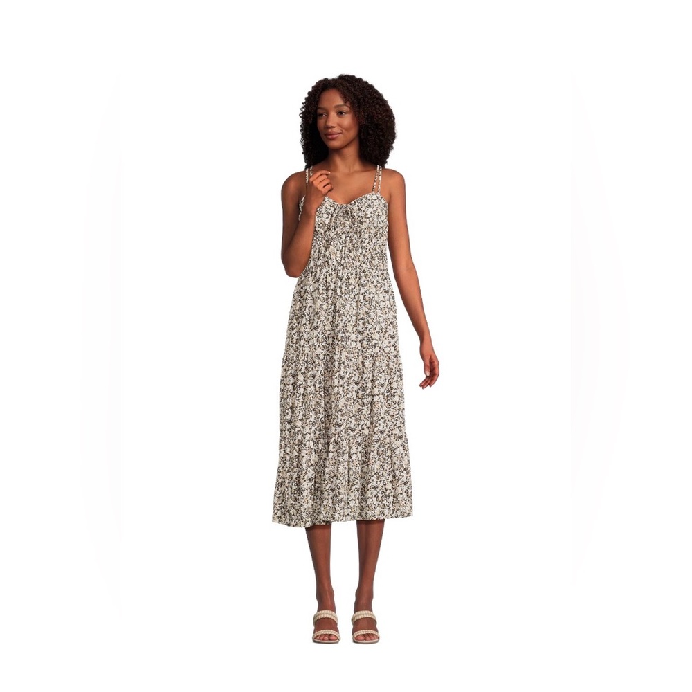 Time and Tru Neutral Black White Tan Floral Cross Back Midi Dress Womens Small